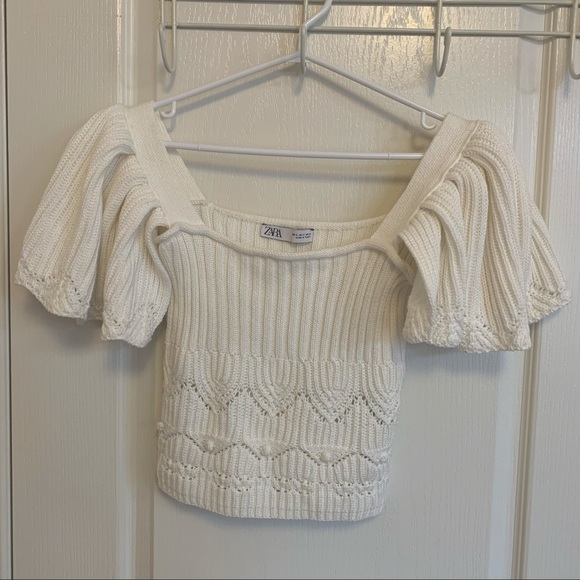 Zara White Ruffle Shoulder Puff Sleeve Knit Top - Small - Picture 7 of 13